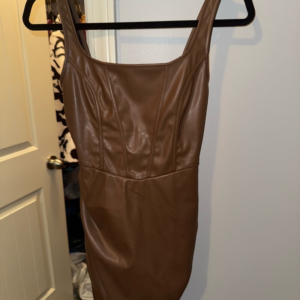 Brown Faux Leather Mini Dress